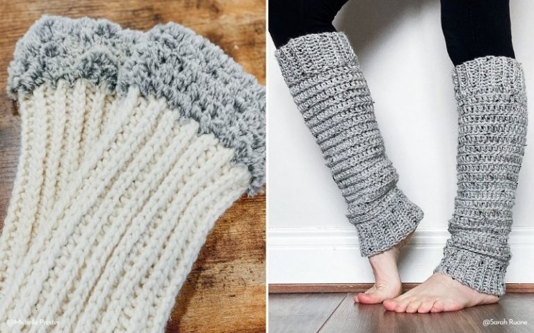 A pair of leg warmers with free crochet patterns.