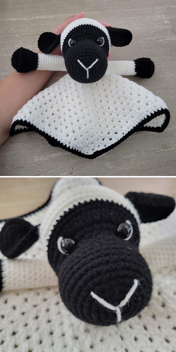 A crocheted black and white sheep lovey blanket is held in a hand, shown with a close-up of the sheep's face and its large, shiny eyes—perfect for cozy moments or as a sweet gift alongside crochet plant hangers patterns.