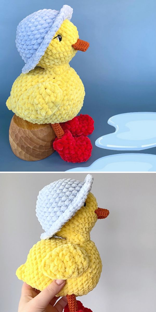 Plush yellow duck with a blue hat and red feet, wearing a cute crochet pullover, sitting on a wooden object in the first image and being held up in the second image.