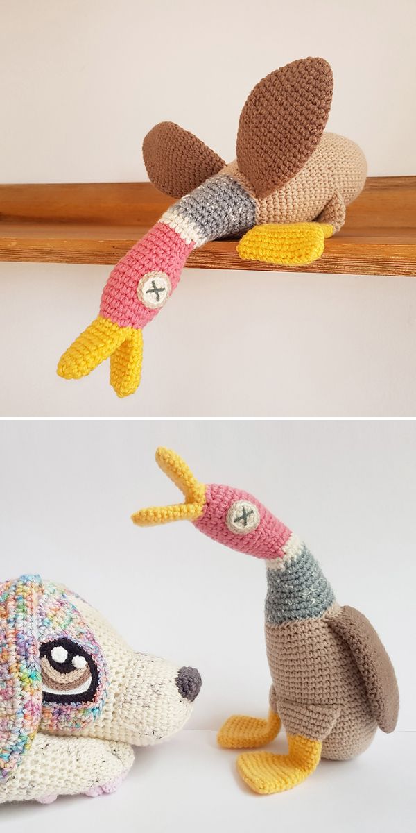 Two crocheted plush birds with yellow beaks and brown wings sit together—one flat on the shelf, the other upright beside a colorful crocheted animal, all cozied up next to a soft crochet pullover.