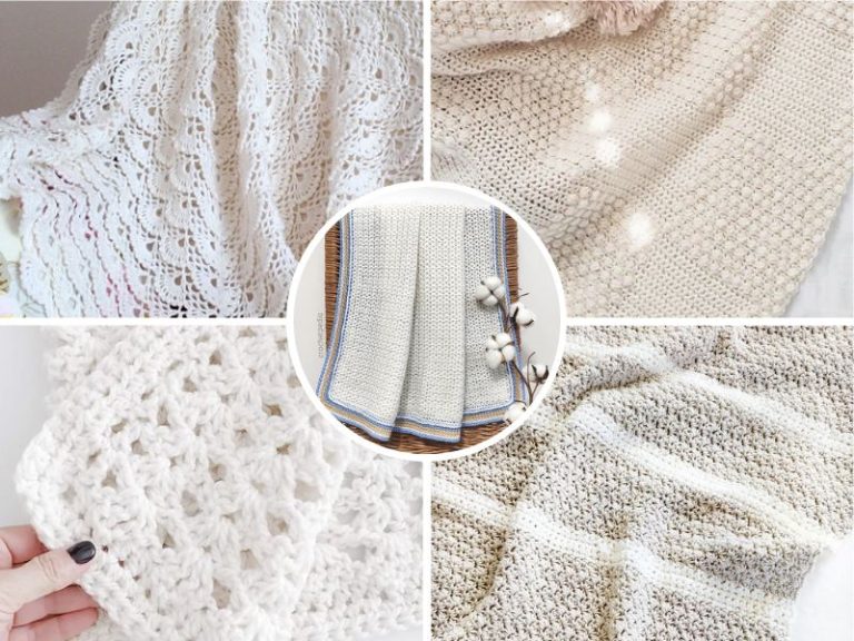 Collage of five different handmade white and cream crochet blankets, each featuring distinct textured and patterned stitches—perfect inspiration for baby blankets crochet patterns.