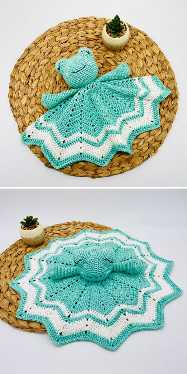 Crocheted teal and white bear lovey with a star-shaped blanket body, displayed on a woven mat next to a small potted succulent—perfect for nursery decor or to pair with charming crochet plant hangers patterns.