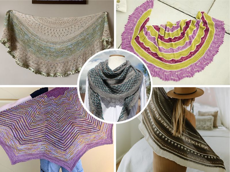 A collage showcasing five crescent knitted shawls in various designs.