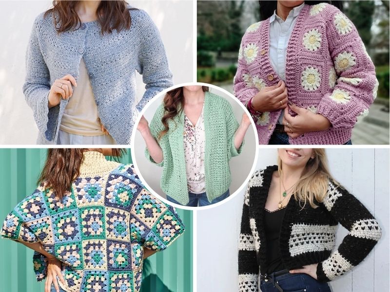 A collage showcasing various handmade cardigans in different styles and patterns, all featuring free crochet patterns.