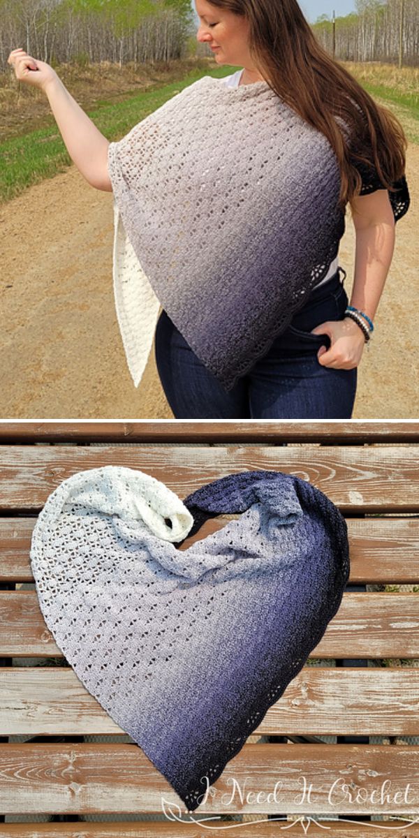 A woman wears a gradient crochet shawl in shades from white to dark purple; showcasing the delicate beauty often found in lacy crochet shawls, the piece is also displayed laid flat on a wooden surface in a heart shape.