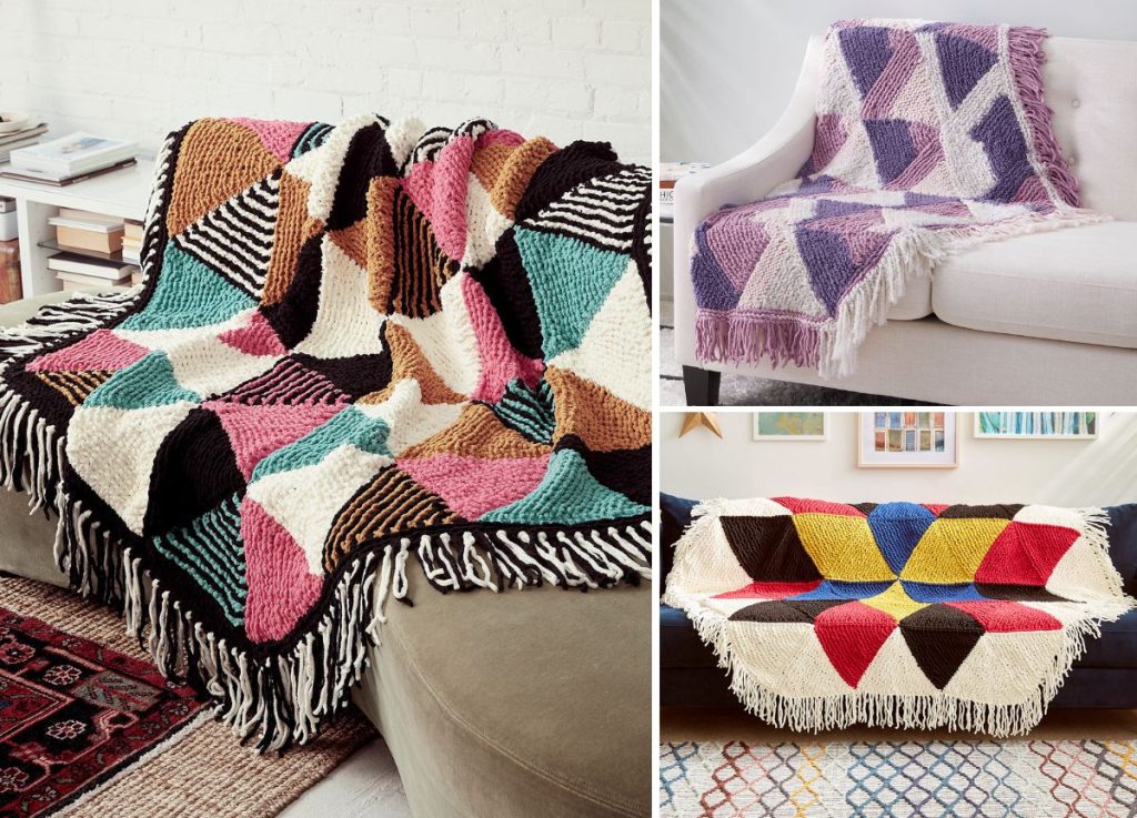 Three geometric-patterned knit blankets featuring knit hexagons and fringe, displayed draped over couches and a chair in different home settings.
