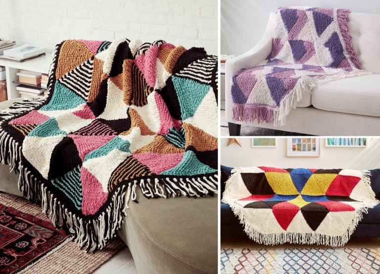 Three geometric-patterned knit blankets featuring knit hexagons and fringe, displayed draped over couches and a chair in different home settings.