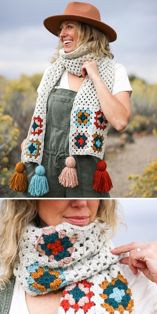 A woman wearing a granny crochet scarf with tassels.