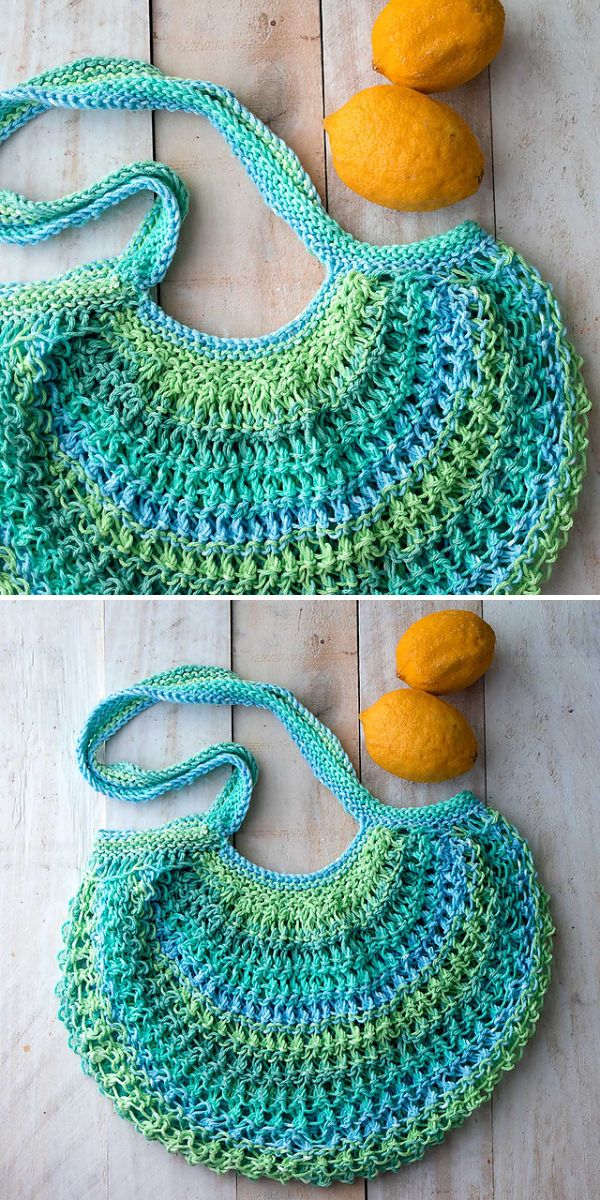 mesh market bag in shades of sea green on the wooden floor
