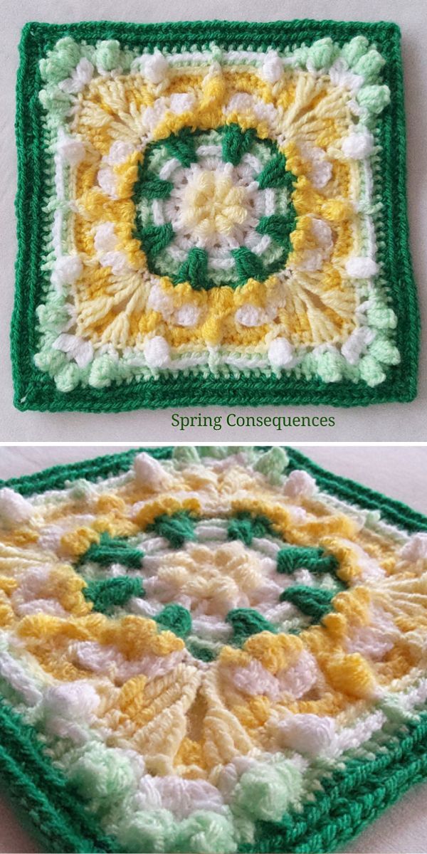 A floral crochet square with green and yellow flowers.