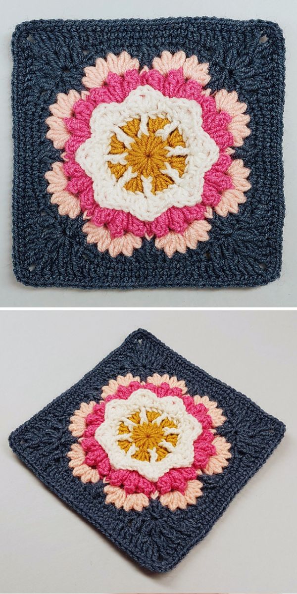 Two images of a floral crochet square.