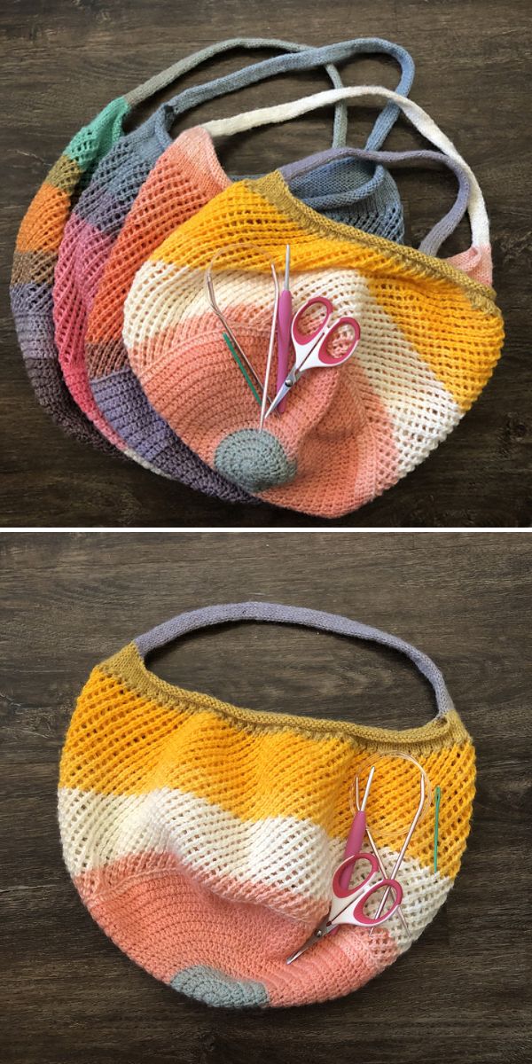 colorful mesh market bags on dark wood