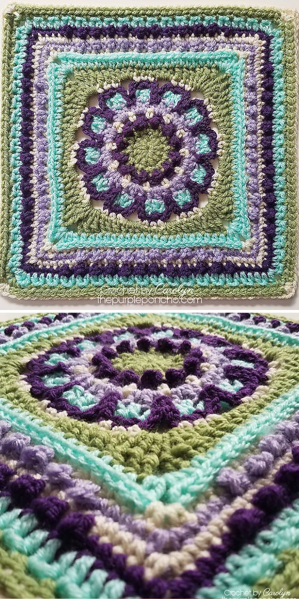 A crocheted granny square with floral details in purple, blue and green.