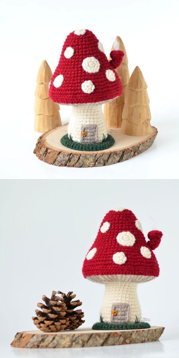 crochet mushroom house on a piece of wood