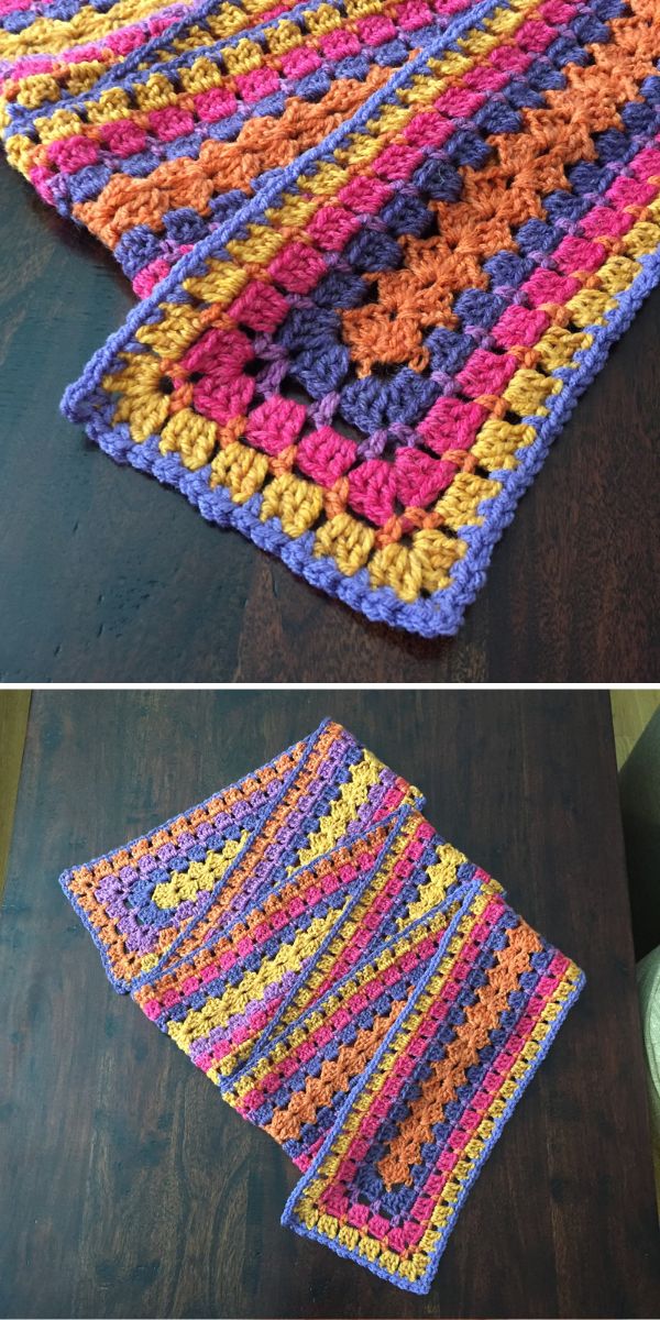 Two pictures of colorful granny crochet scarves.