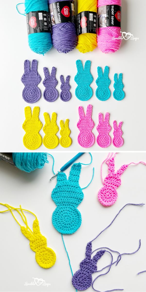 Crocheted bunny appliques with different colors of yarn.