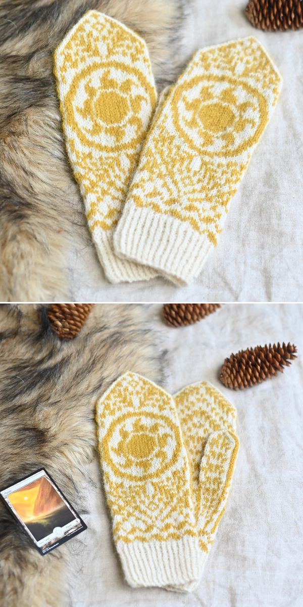 knitted mittens with yellow ornament