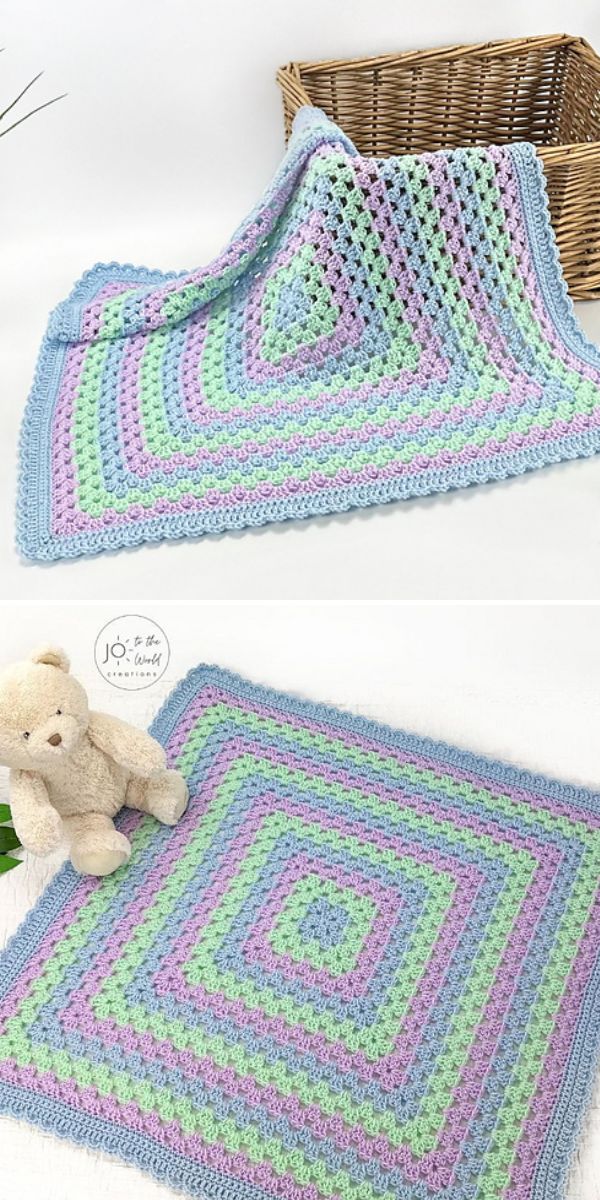 Two pictures of a crocheted afghan with a teddy bear.