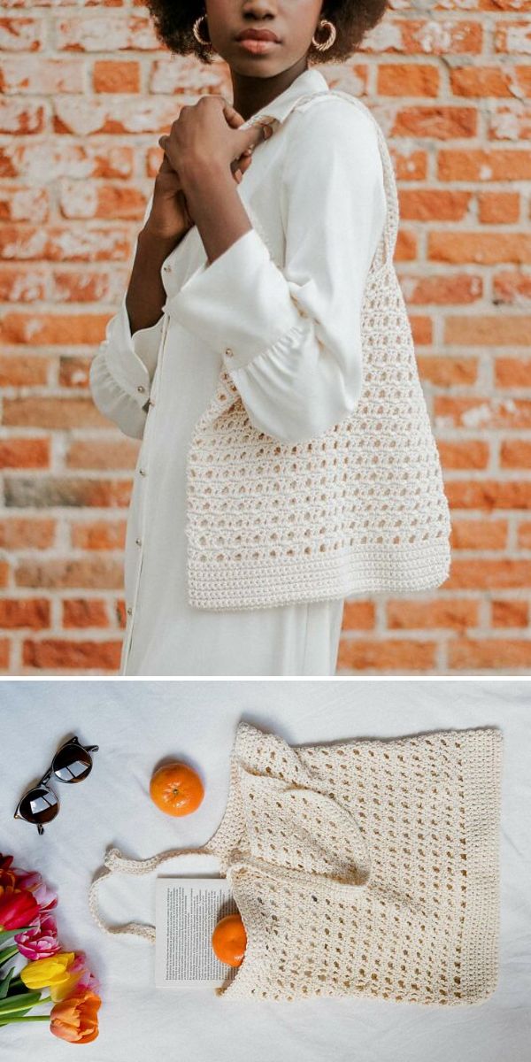 A woman is holding a crocheted bag.