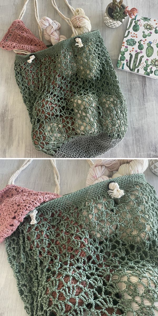 Two pictures of a crocheted bag with a cactus on it.
