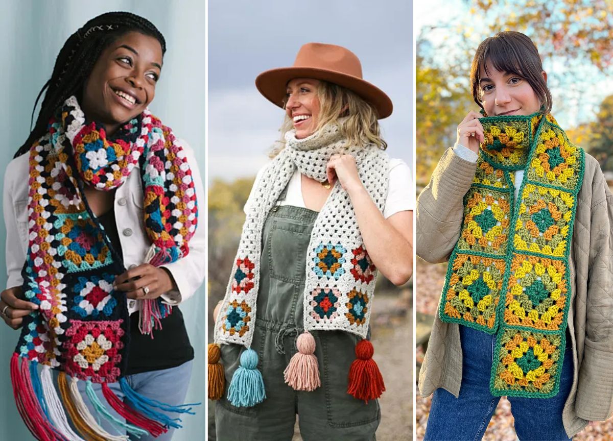 Three people wearing vibrant granny crochet scarves and varied outfits pose against different backgrounds.