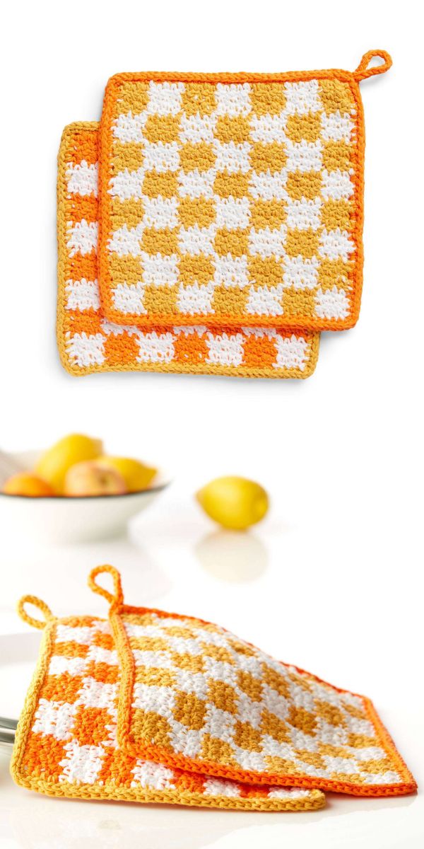 Two crocheted potholders with lemons on them, Half Moon Shawl