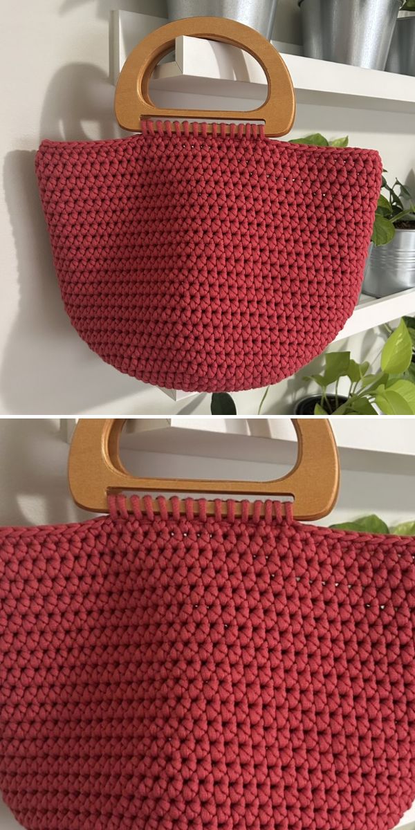 Two pictures of a red crocheted bag with a wooden handle showcasing a Half Moon Shawl.