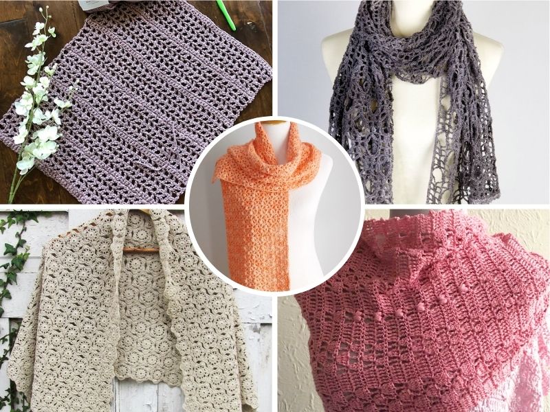 A collage of various crocheted items, including wraps, scarves, and a cardigan featuring intricate crochet patterns.