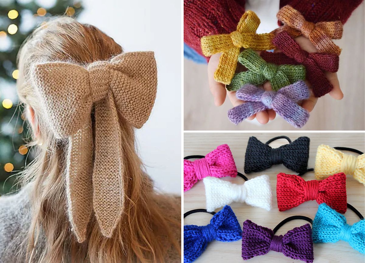 A person wearing a knitted bow hair accessory; nearby, hands display colorful hair bows crafted from free knitting patterns, with an arrangement of variously colored bows elegantly spread on a surface.