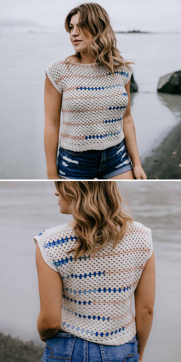 a woman in multicolored crochet sleeveless top
