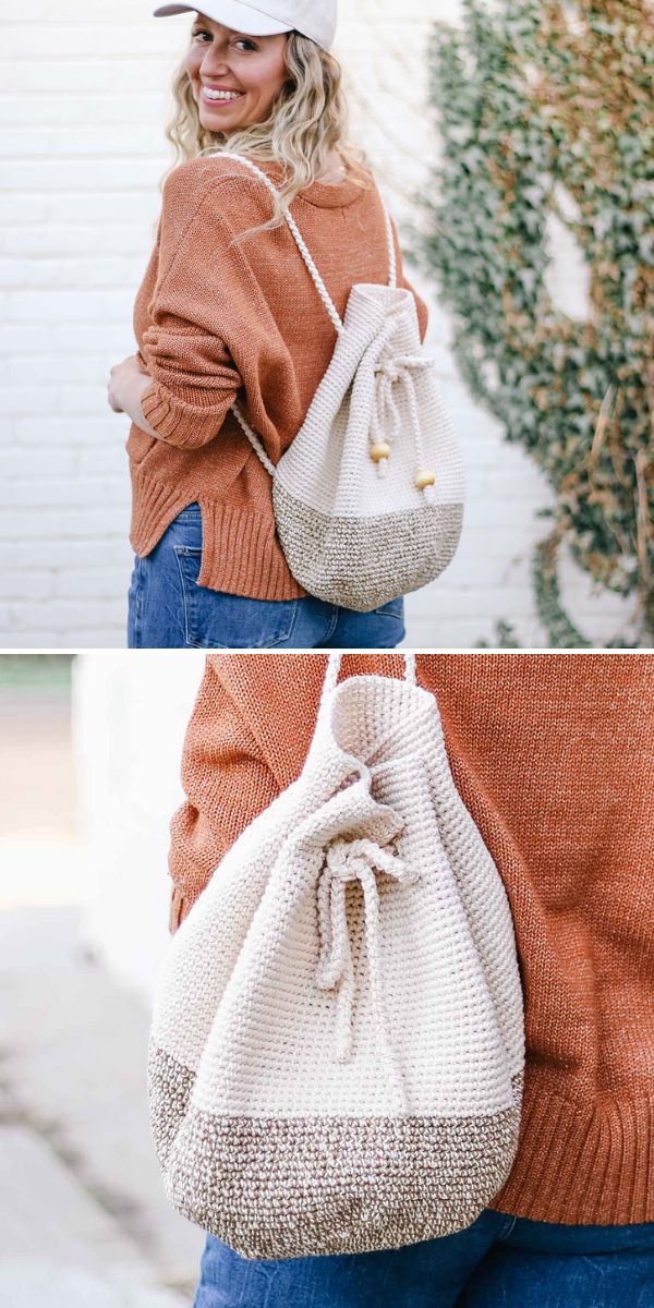 a woman with drawstring crochet backpack in neutral colors