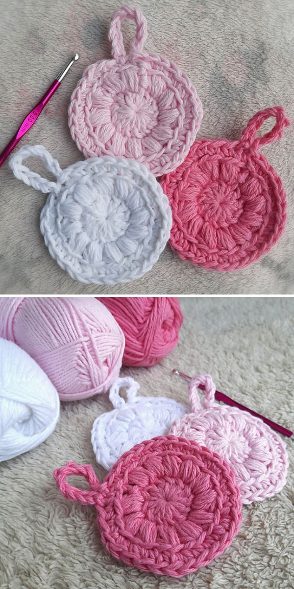 Crocheted coasters with pink and white yarn and crochet hooks.