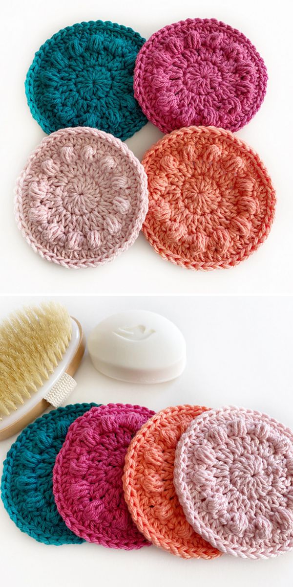 A set of crocheted washcloths with a brush.