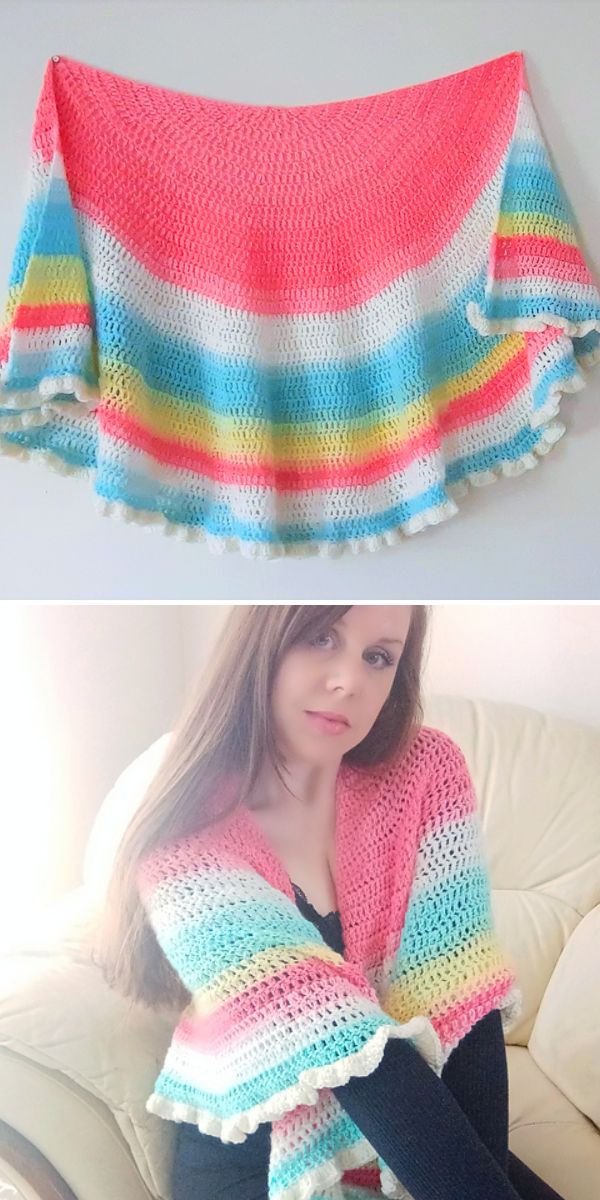 Two pictures of a woman wearing a colorful crocheted Half Moon Shawl.