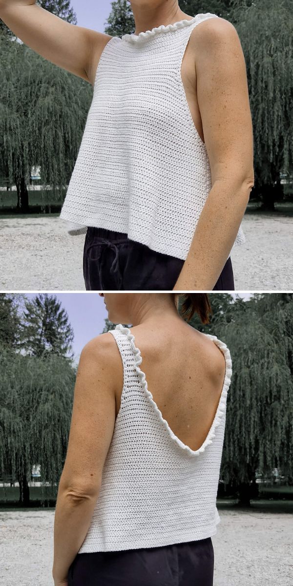 a woman in a white sleeveless top with bare back