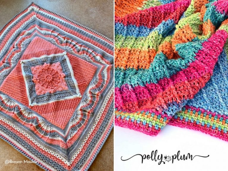 Two crocheted afghans and blankets featured in crochet cals.