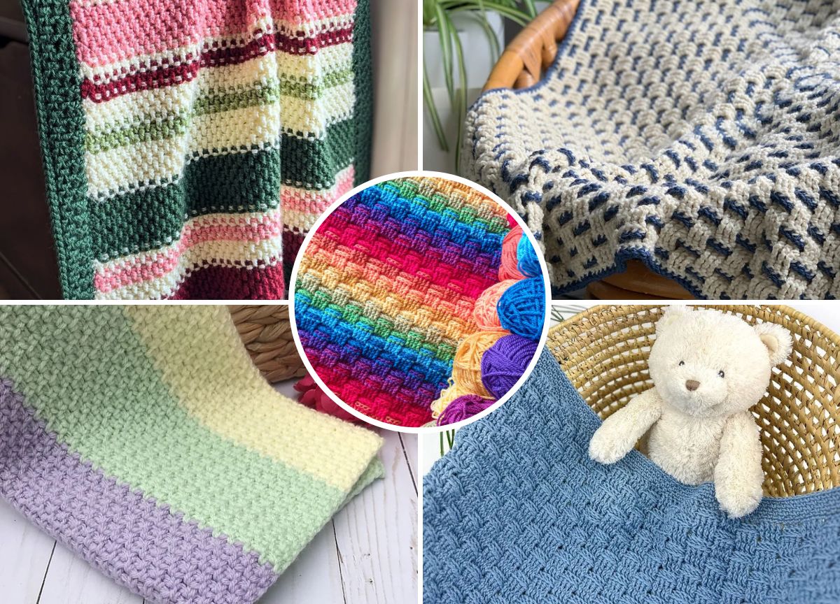 Collage of five crochet blankets in various colors and patterns, featuring basketweave designs. A teddy bear snugly sits in a basket with a blue blanket, adding charm to the cozy display.