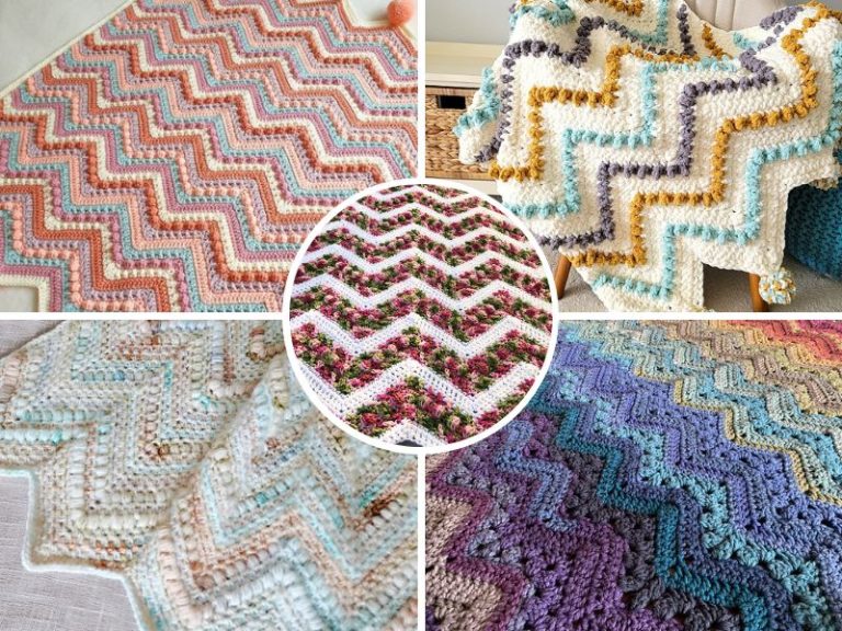 Collage of five chevron crochet blankets, each showcasing unique pastel and vibrant color combinations in striking patterns.