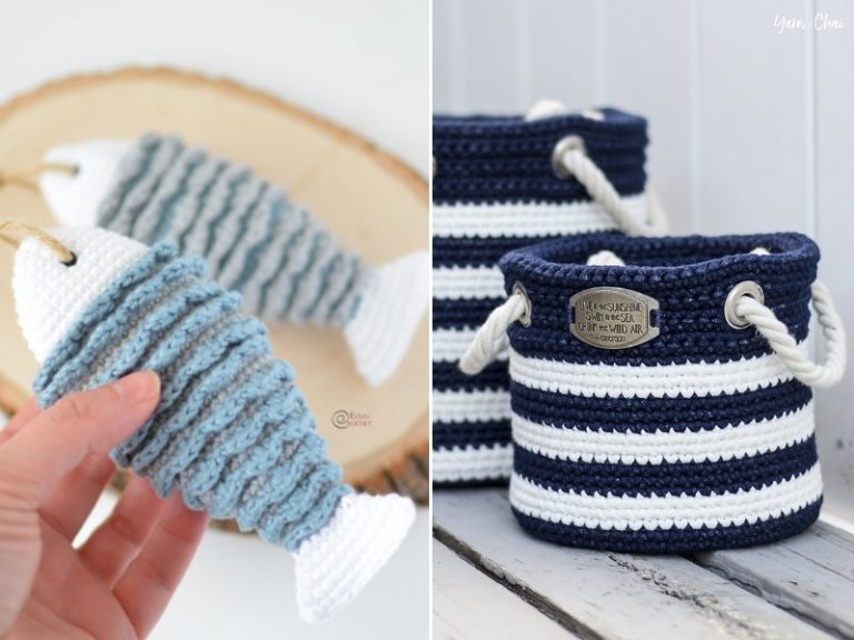 Two nautical-themed crocheted baskets and a crocheted fish.