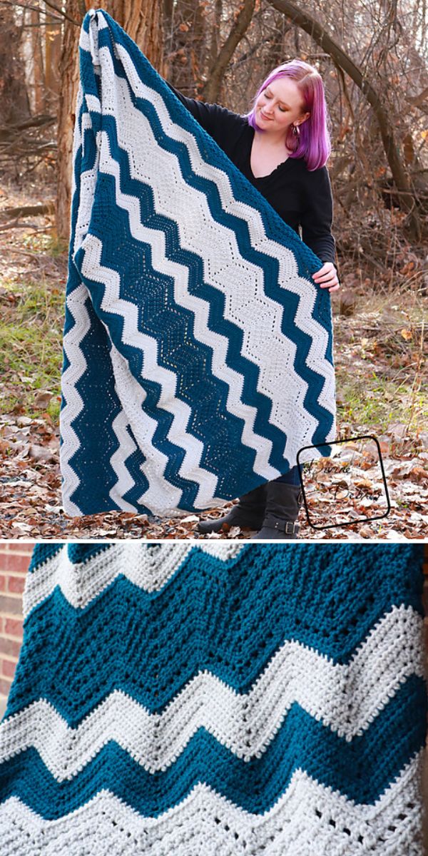 A woman is holding a blue and white chevron afghan, one of her many chevron crochet blankets.