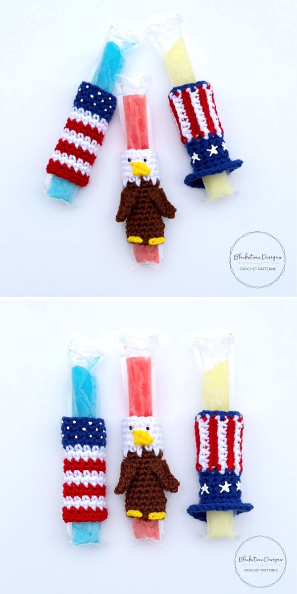 Three freeze pops in crochet holders—one with USA flag stripes, one with a bald eagle, and one with a stars and stripes top hat—inspired by our patriotic crochet bottle holders collection.