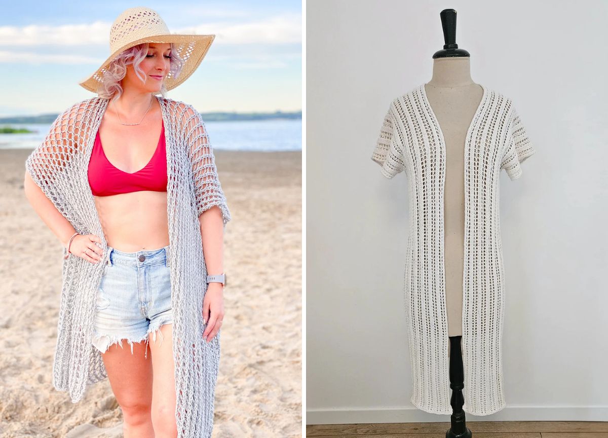 A woman at the beach wears a light gray crochet cover-up over a red bikini and denim shorts; beside her, a mannequin displays a similar white cover-up—perfect inspiration for those seeking stylish beach wraps knitting patterns.