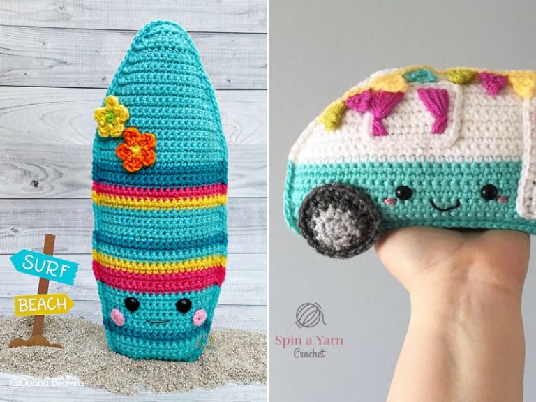 A crocheted stuffed animal and a crocheted surfboard created with Amigurumi technique.