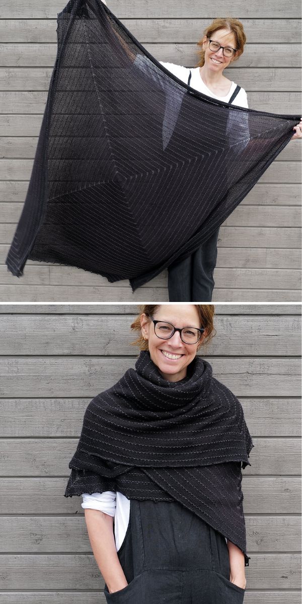 a smiling woman with a black knitted rectangular scarf