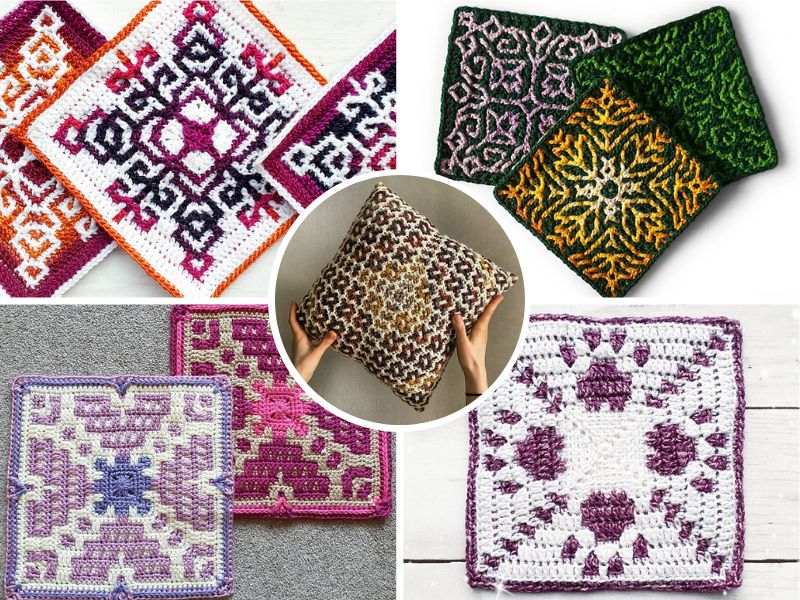 A collage of various colorful crochet mosaic squares on textiles.