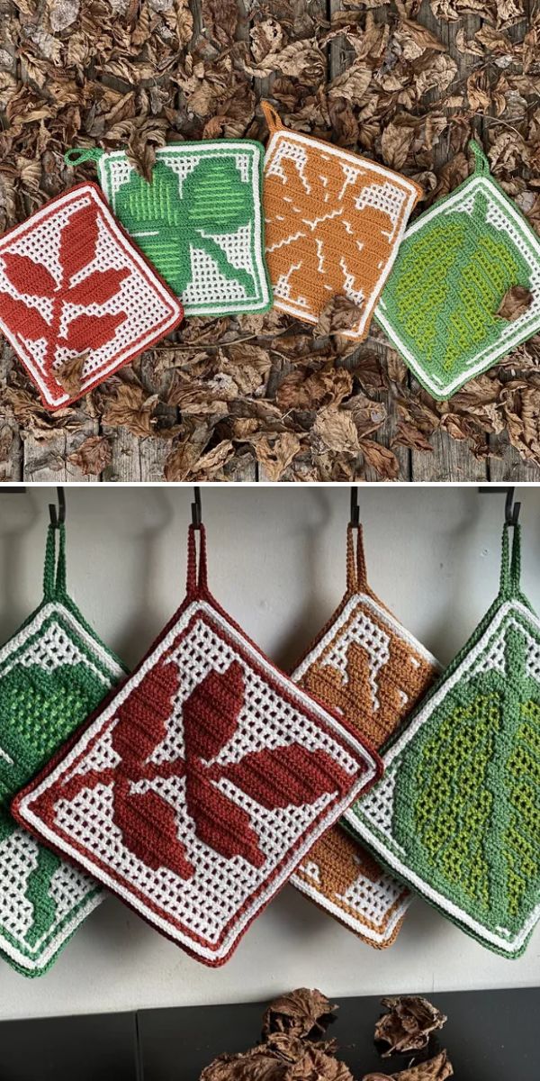 Crocheted potholders with leaf designs.