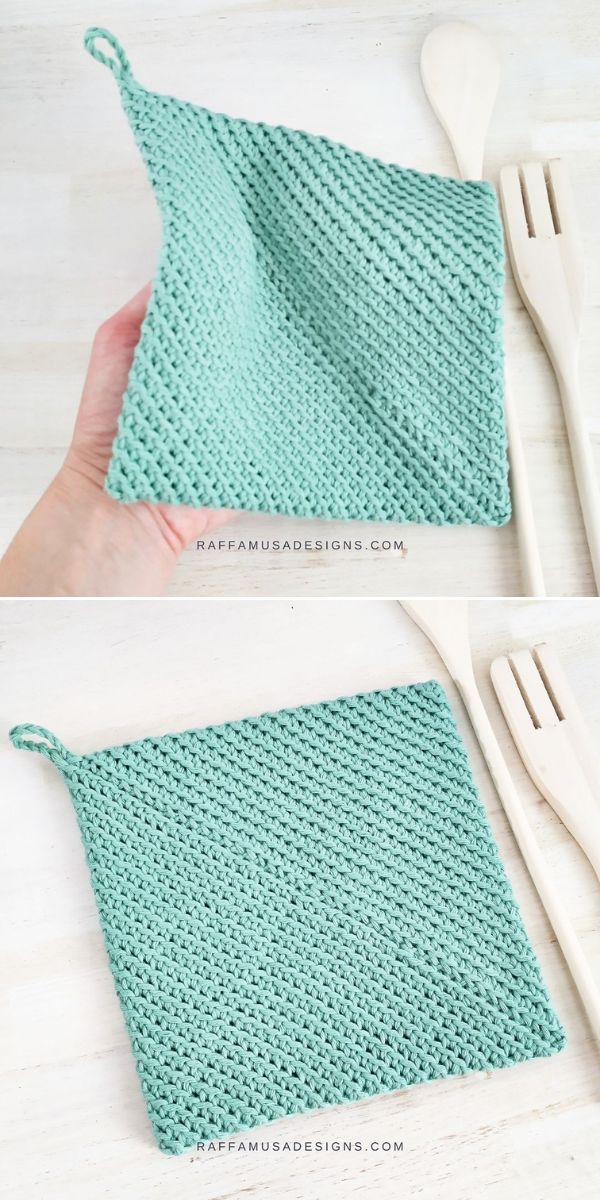 light green crochet potholder on white wood