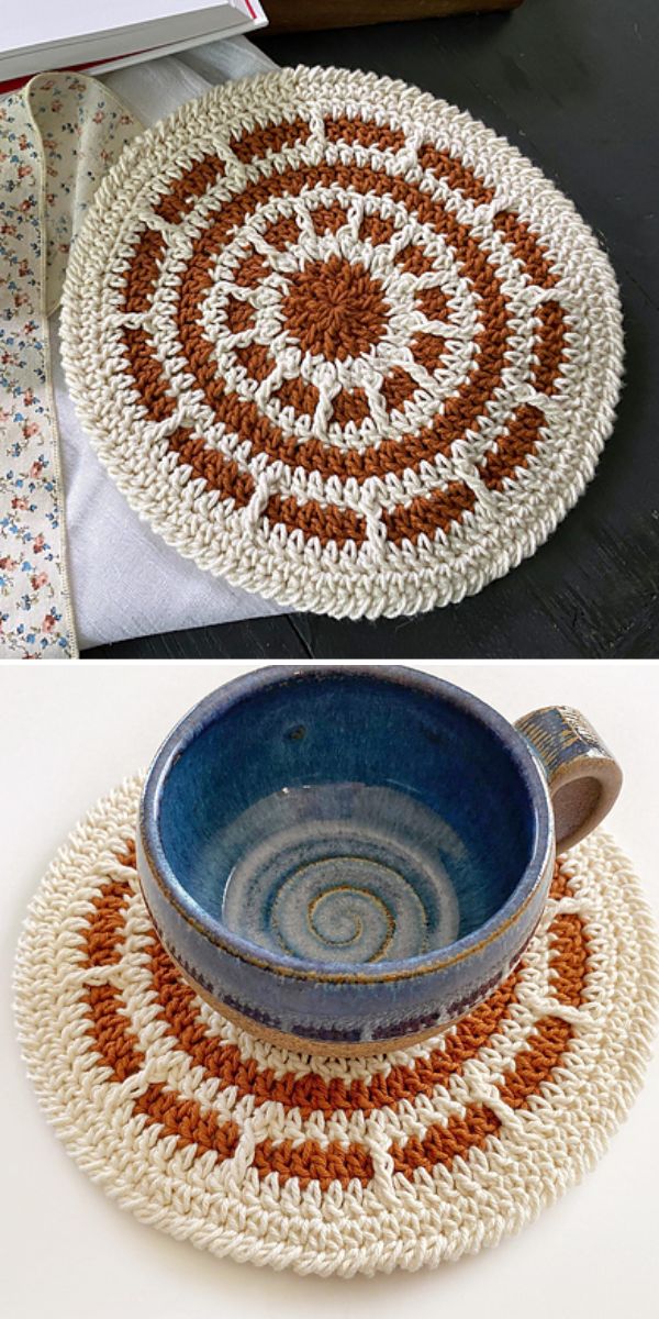 circular potholder with geometric contrasting pattern