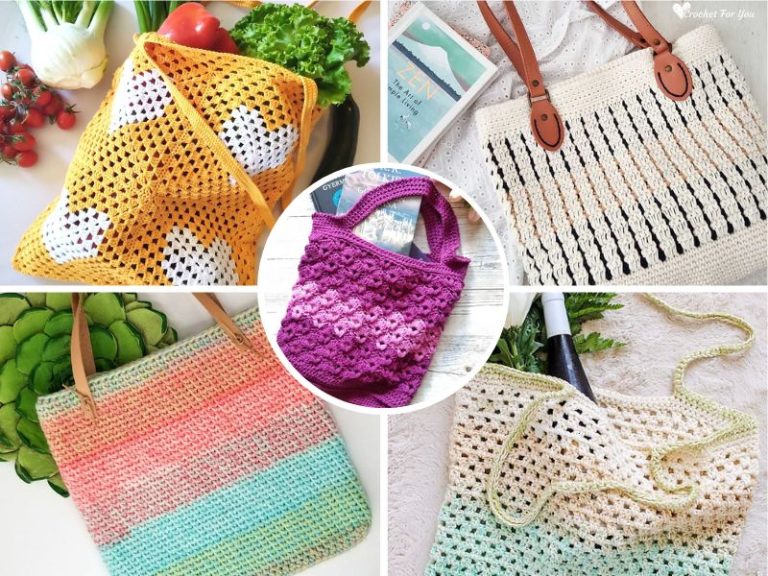 A collage of five different crochet tote bags in various colors and patterns, some with groceries and books placed nearby.