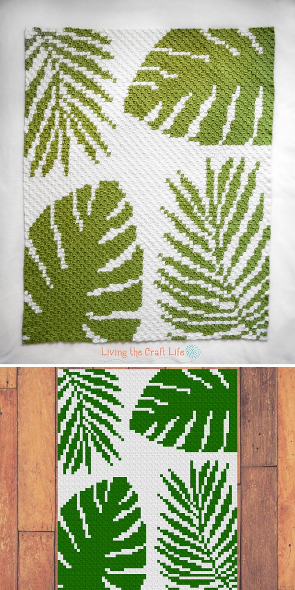 crocheted blanket with palm leaf pattern
